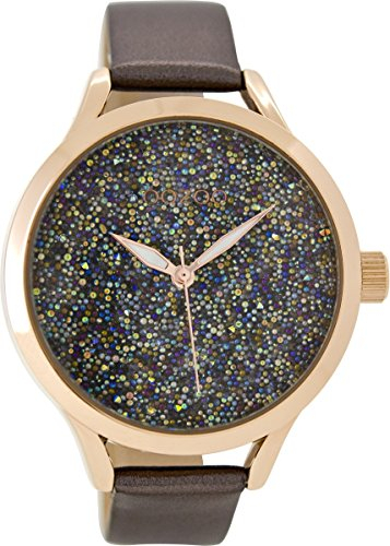 OOZOO Tiepieces Damen Armbanduhr mit grauem Lederarmband, Design Zifferplat mit kleinen farbigen Perlen. Duchmesser 42mm