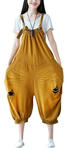 Youlee Donna Pantaloni larghi Denim Salopette tutine Pantaloni Style 20 Yellow