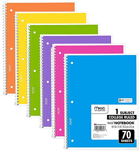 Mead Spiral Notebook, 6 Pack of 1-Subject College Ruled Spiral Bound Notebooks, Cute school Notebooks Pantone Colors, 70 Pages