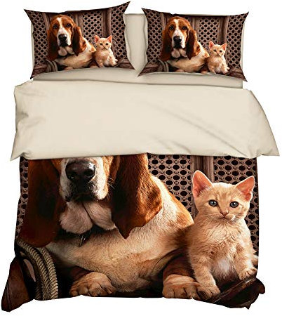 Timiany Katze Hunde Bettwäsche Aus Mikrofaser Mit Reißverschluss, Kinder Bettwäsche-Set Mit Katze and Hunde-Motiv 135x200 + 50 X 75cm (Katze und Hund,155x220+50x75)