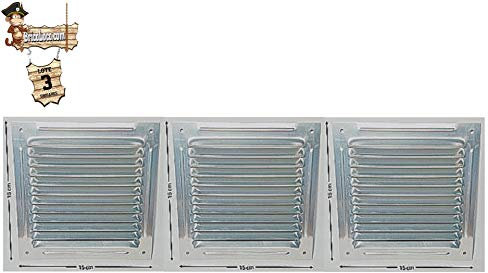 BricoLoco Lote 3 uds. Rejilla de ventilación metálica plana de aluminio natural. Pared o techo. (15x15 cm)