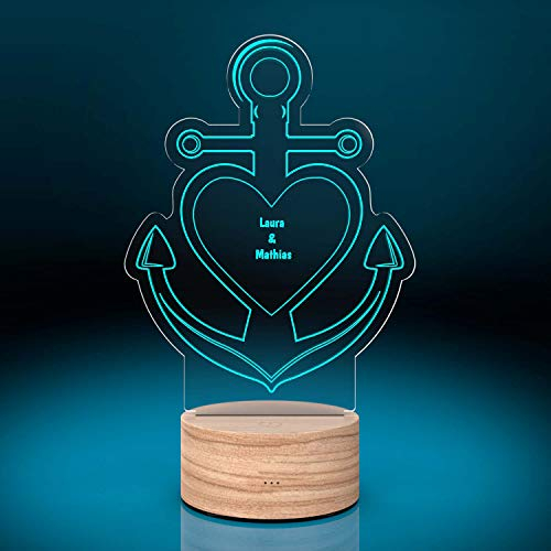 Smyla Personalisierte LED-Leuchte Anker mit Namen-Gravur | Deko-Licht personalisiert LED-Anker mit 7 Farben - Leuchtsockel | Deko Wohnzimmer
