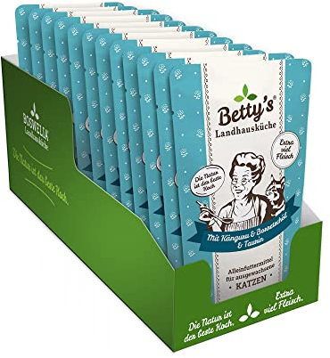 Betty's Landhausküche Frischebeutel Pouches Nassfutter Katze, Känguru mit Borretschöl 12 x 100g, getreidefrei, beste Qualität, hochwertiges Fleisch, schonend gegart, hohe Bioverfügbarkeit