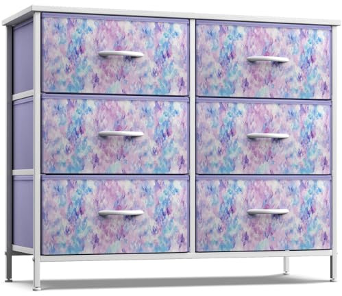 Sorbus Kids Dresser with 6 Drawers - Storage Chest Organizer Unit with Steel Frame, Wood Top & Handles, Tie-dye Fabric Bins for Clothes - Wide Furniture for Bedroom Hallway Kids Room Nursery & Closet