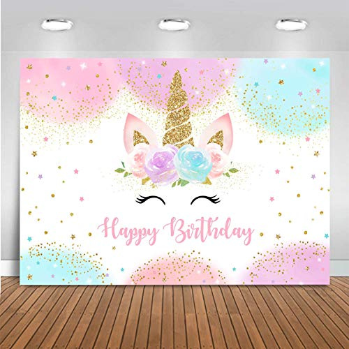 Mocsicka Fondo de decoración de cumpleaños de Unicornio para Fiesta de niñas, 8 x 6 pies, arcoíris, Pastel, Purpurina, Estrellas, Puntos, Pancarta de Feliz cumpleaños, Accesorios para Cabina de Fotos