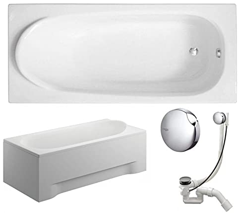 VBChome Badewanne 160x75 cm Acryl SET Siphon Wanne Rechteck Weiß Design Modern komplett Wannenfüßen Ablaufgarnitur Chrome Viega Simplex