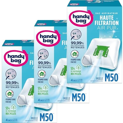 Handy Bag - LOT DE 3 - Sacs aspirateur M50 x4sacs - Compatibles Miele - 99,99% des poussières retenues - Fermeture facile - Filtre anti-allergène - 50% de matériaux recyclés