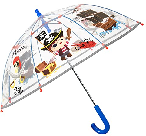 PERLETTI Pirat Regenschirm Transparent für Kinder - Blauer Kinderschirm Reflektierend für Kleine Jungen 3 4 5 Jahre - Kinderregenschirm Durchsichtig mit Piratenschiff - Durchmesser 64 cm (Pirat)