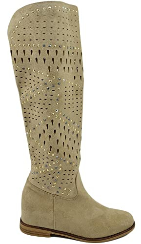 Malu Shoes Stivali donna estivi alti scamosciati forati beige morbidi con zeppa para interna con suola antiscivolo e borchie moda (38 EU)