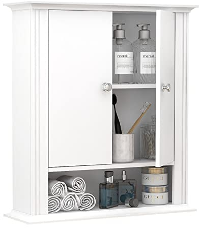 UYIHOME Armario de almacenamiento de madera montado en la pared con 2 puertas, armario de pared colgante sobre el inodoro, armario de almacenamiento superior para cocina, lavandería, color blanco