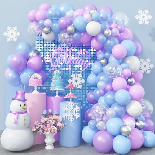 Kit per arco di palloncini a forma di fiocco di neve, 103 pezzi, viola perla, blu, bianco, argento metallizzato, fiocchi di neve, palloncini in lattice, ghirlande per Natale, inverno, paese delle