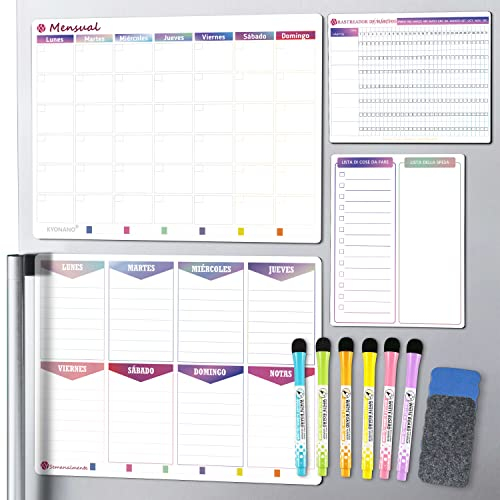 KYONANO Calendario Magnético para Nevera 4 Piezas - Incluir Planificador Semanal&Mensual Magnetico, Seguimiento habitual y planificación diaria - Pizarra Magnética con 6 Rotuladores de Color, Borrador