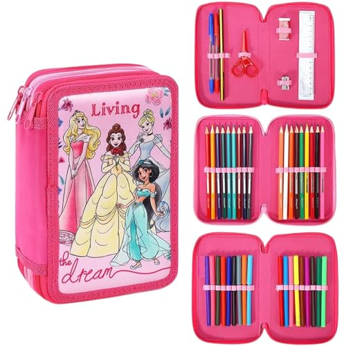 Disney Princess 3 Tier Large Pencil Case with Stationery Included | 45 Piece Multi Compartment Filled Pencilcase Set with Colouring Pens, Pencils and School Supplies for Boys and Girls