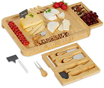 Relaxdays Tagliere per Aperitivo in bambù, Vassoio da Portata per Formaggi e Salumi, HxL: 41 x 33, con Accessori, Legno, Ardesia, 41 x 33 cm