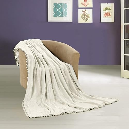 FEBE Kuscheldecke Weiß Creme Tagesdecke mit Pompoms mikrofaser sofadecke kuschelig flauschig Decke für Couch Blanket 130x180 cm