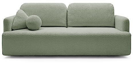 Dreisitzer-Sofa Lambina mit Schlaffunktion, Bettkasten, Boucle-Bezug in Salbeigrün