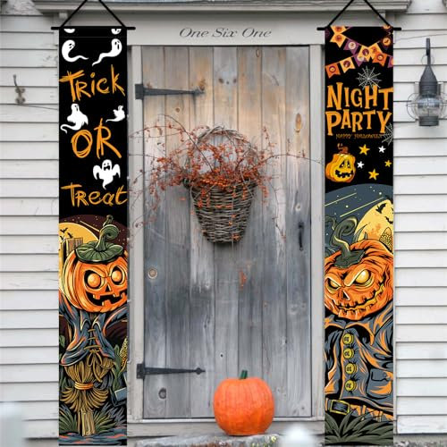 Halloween Tür Banner, Trick or Treat Veranda Schild Banner, Schwarz Kürbis Vogelscheuche Türdeko Hänge Banner, Halloween Türbanner Deko für Zuhause Outdoor Garten Willkommen Halloween Party Dekoration