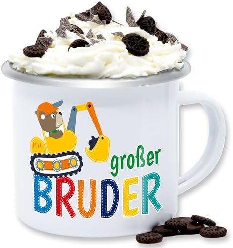 Emaille Tasse Blechtasse - Tassen - Großer Bruder Bagger I Großer Bruder Geschenk Grosser Bruder - 300 ml - Weiß Silber - big brother bro kaffeetasse große brüder brüderchen becher