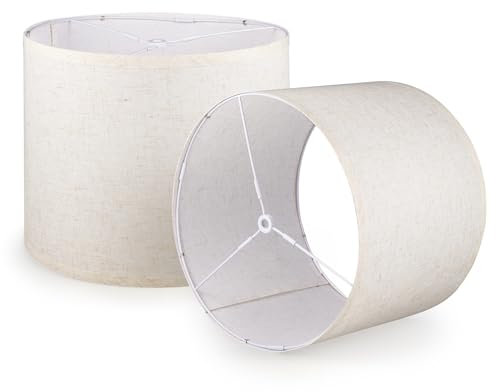 Juego de 2 pantallas de lámpara de tambor de 29,5 cm superior x 32 cm inferior x 24,9 cm de alto, lino natural hecho a mano, fácil montaje (beige)