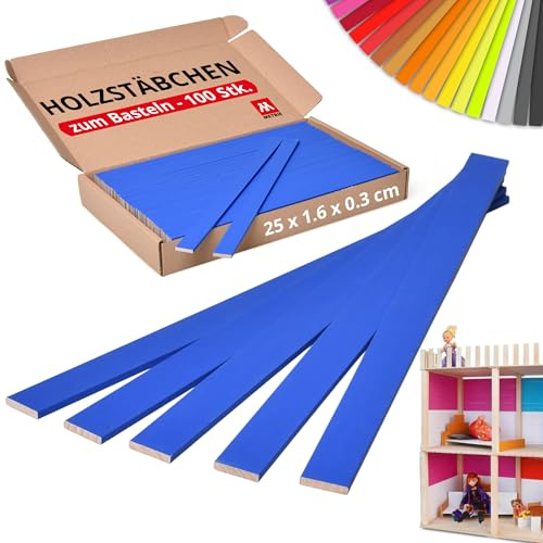 Metrie Holzstäbe zum Basteln - Königsblau | 25 cm - 100 Stück | 250 x 16 x 3 mm | Holzleisten, Holzspatel, Rührstäbchen aus Buchenholz für Modellbau, Deko, Floristik & DIY | Holz | EU