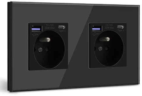 BSEED Double Prise Murale avec USB C PD20W,Prise de courant à Encastrer,16A Prise de Courant Alternatif avec Panneau en Verre,Chargeur Rapide Multiprises avec 1USB C 20W,Idéal pour Maison,Bureau-Noir