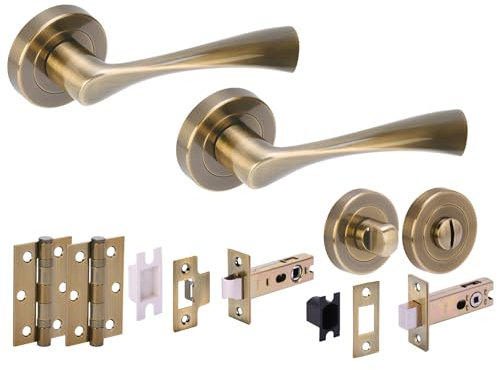 HANDLEZONE® Zena Door Handles on Rose Bathroom Deadbolt Pack with Ball Bearing Hinges - Antique Bronze