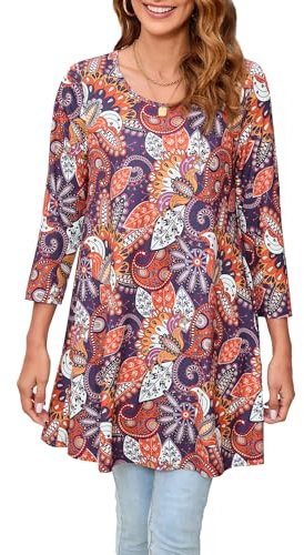 Enmain Tunica Manica Lunga Donna Magliette 3/4 Maniche Lunghe Bluse Elegante Stampata Casual Maglietta Collo Rotondo T-Shirt Viola XXL