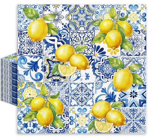 JarThenaAMCS Papierservietten, Motiv: Zitronen, Blau, Gelb, 80 Stück, Dekorative Dinner- und Lunch-Servietten für Partyzubehör und Tischdekoration
