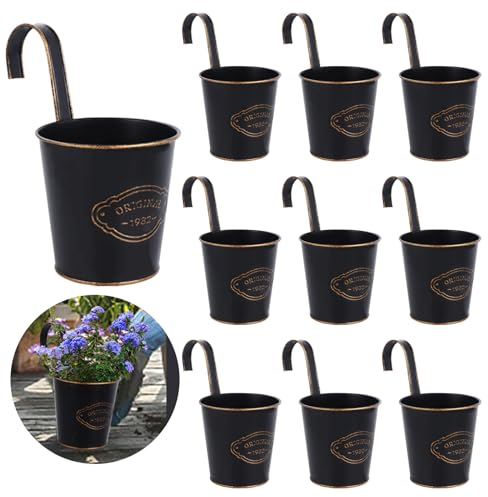 Coolty 10 Pezzi Metallo Vasi da Fiori Appesi Giardino Fioriere Vintage Secchio Portafiori da Appendere a Parete per Recinto Balcone Giardino Fioriera Home Decor con Gancio Staccabile (Rotondo)