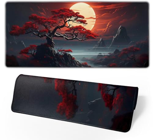 Darkness Red Moon Desk Mat Japanese Mouse Pad, Large Japanese Desk Mat, XL Anime Gaming Keyboard Mat, Non-Slip Rubber Base, Big Extended Desk Protector for Home Office, 31.5”x11.8”