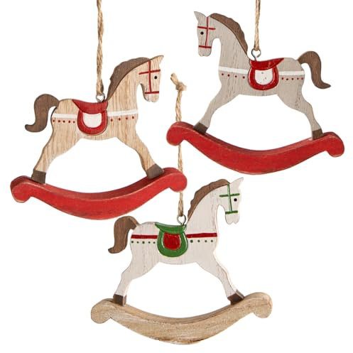 Logbuch-Verlag 3 Nostalgie Weihnachtsbaum Anhänger 3 Schaukelpferde zum Aufhängen Holz Baumschmuck Weihnachten 10 cm braun rot