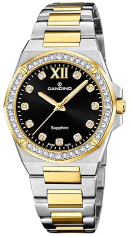 Candino Swiss Damenuhr Analog aus Edelstahl 316l Multi | Quarzwerk, Widerstandsfähiges Saphirglas, Wasserdicht 5 ATM C4752/3, Lady Elegance, Schwarzes Zifferblatt