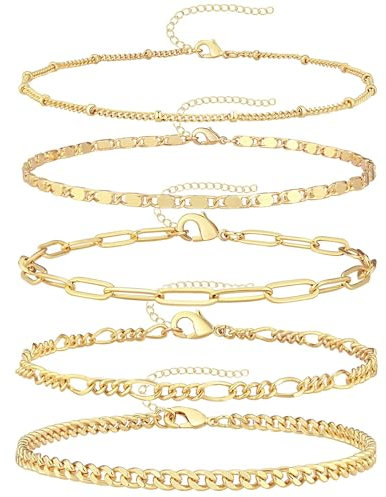 5PCS Chain Bracelet Set for Women & Girls - 14k Gold Plated Paperclip Link Layered Bracelets