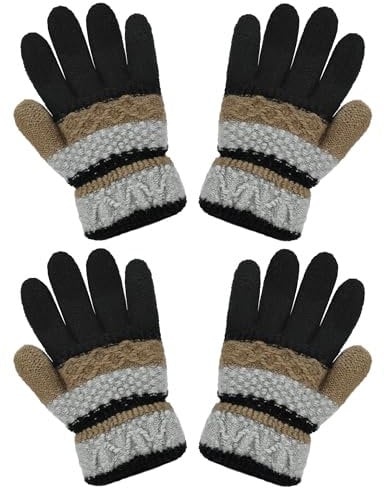 Becellen 2 Paar Handschuhe Kinder Winter, Vollfinger Warme Strickhandschuhe Thermo Bunte Stricken Fingerhandschuhe für Junge Mädchen 4-10 Jahre Alt