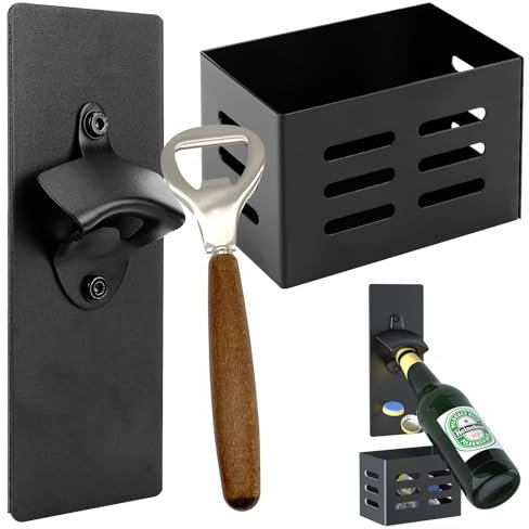 Gifts for Dad Men - Wall Mounted Bottle Opener, Stainless Steel Bottle Opener with Catcher, Personalised Beer Opener with Wooden Handle, Ideal Beer Gifts for Men, Pub, Garden, Man Cave, Housewarming
