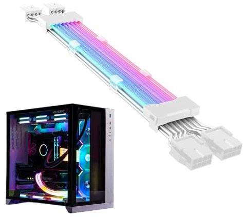 Energy Supply Cable - Light Effect Wire Extension RGB ATX | 24 Pin ARGB Synchronized PSU Cable with Color Mode - PC Energy Cable Extension Kit, RGB Sleeved for Custom Builds, Black or White Options