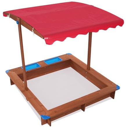 Sandkasten mit Dach 121 x 126 cm Sandkasten Holz Schwenkbares & Höhenverstellbares Dach Schutz Sandboxen Sandkasten mit Matschküche Sandkiste Inklusive Bodenvlies Gegen Unkraut und Ungeziefer Rot