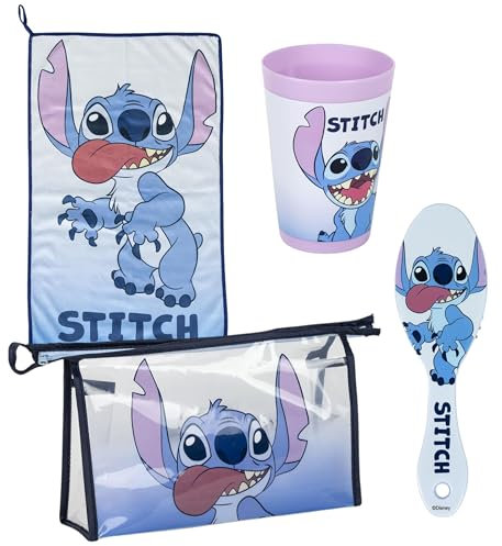 Disney Stitch Trousse de Toilette pour Filles, Comprend Un Verre, Brosse à Cheveux, Serviette et Trousse de Toilette pour Enfants, Cadeau Stitch pour Filles