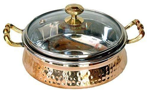 100% Pure Beautiful Steel Copper Casserole Dish Serving Royal Handi Stylish Glass Lid -7 Inch Indian Dinning Experience, Gift, Valentine Gift,