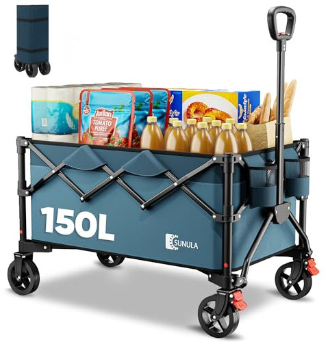 SUNULA Bollerwagen Faltbar Tragkraft 120KG, Klappbarer Handwagen mit EIN-klick-Handgriff & 4-seitig zusammenfaltbar, Geländegängig Räder mit Bremsen 150L, Grün