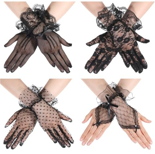LLOUSSAK Spitzen Handschuhe, 4 Paar Netzhandschuhe Spitzen Schwarze kurze Damen Handschuhe mit Schleife für Hochzeitsessen 1980 Party Kostüme Maskerade Zubehör