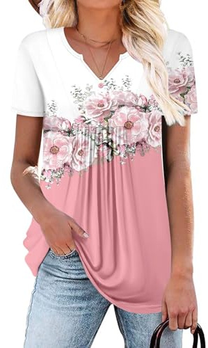 CHICZONE Ladies Tunic Tops Short Sleeve Pleated V-Neck Buttons Up Blouse Summer Womens Henley T-Shirt