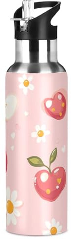 Sevdomey Cute Cherry and Daisy Flowers Water Bottle with Straw Lid 32 oz,Stainless Steel Vacuum Insulated Water Bottle for Sports Cycling Hiking Gym School Home