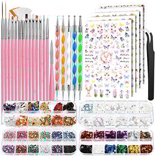 FANDAMEI Nail Art Brushes Set, Nail Art Kit Accessories Nail Design Kit, Nail Art Dotting Pens, Nail Stickers, Butterfly Nail Art Sequins, Nail Foils, Nail Art Flakes Iridescent, Rhinestones For Nails