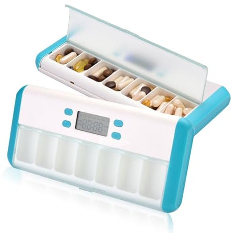 Automatische Tablettendose 7 Tage Alarm Medikamentenbox, Pillenspender mit Zeitschaltung, Elektrisch Pillenbox Pillenbehälter mit LCD-Display, Licht- und Ton-Erinnerungsalarm (Blau)