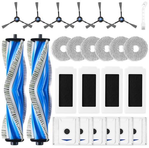 EOVWAEO 25 Stück Zubehörset für Ecovacs Deebot T30 Omni / T30 Pro Omni / T30 Saugroboter, Ersatzubehör 2 Anti Tangle Hauptbürste 6 Wischpads 6 Staubbeutel 6 Seitenbürste 4 Filter 1 Reinigungsbürste