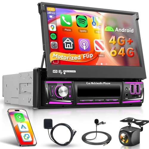 4G+64G Android Single Din Flip Out Car Stereo with DSP Wireless Carplay Android Auto, Hodozzy 7 inch IPS Single Din Flip Out Touchscreen Radio GPS Wifi Bluetooth SWC AHD Camera+USB/TF Card/Aux Ports