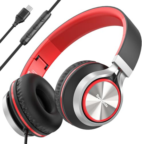 Bywulanda Casque USB-C avec microphone et contrôle du volume, casque stéréo supra-auriculaire pour iPhone 15, 16 Pro, filaire, pliable, pour smartphones, Chromebook, ordinateurs portables, tablettes