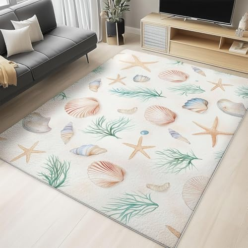AUWUUA Seestern Muscheln Teppich 100x140cm Unterwasserwelt Teppich Wohnzimmer, Kurzflor rutschfest Waschbarer Eingang Fußmatte, Beige Creme Modern Rechteckiger für Kinderzimmer Spielzimmer Flur