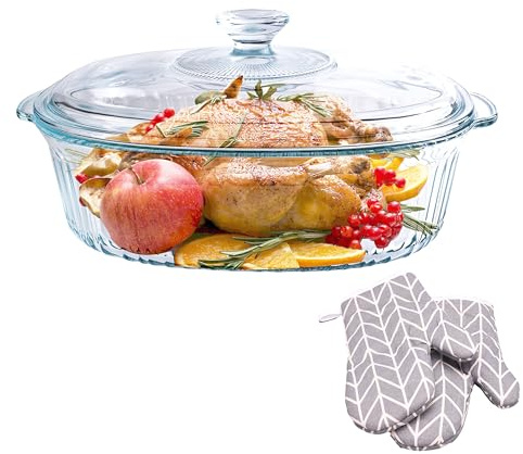 Vitrignis Casserole Dish With Lid - 3qt Glass Baking Dishes For Oven - Clear oval Glass Casserole Dish - Cookware For Cooking, Baking, Serving
